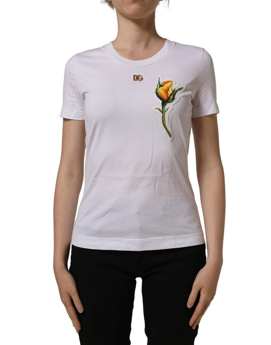 Dolce & Gabbana White Cotton Rose Patch Crew Neck T-shirt