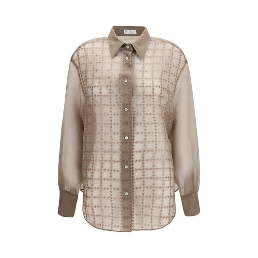 Brunello Cucinelli Beige Silk Pattern Shirt