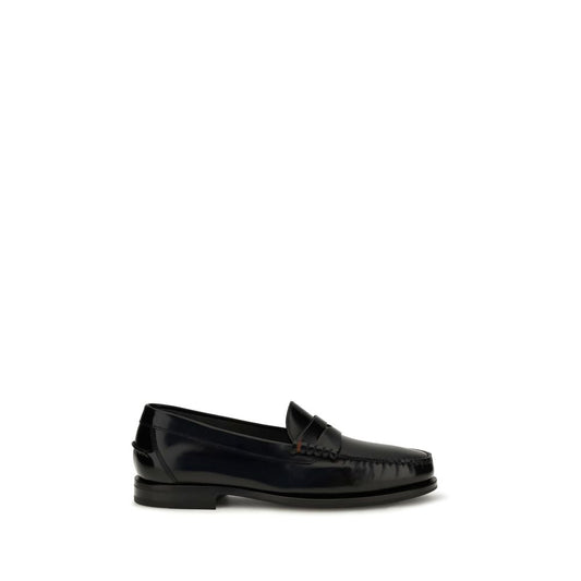 Santoni Black Calf Leather Bos Taurus Slip-On Loafers