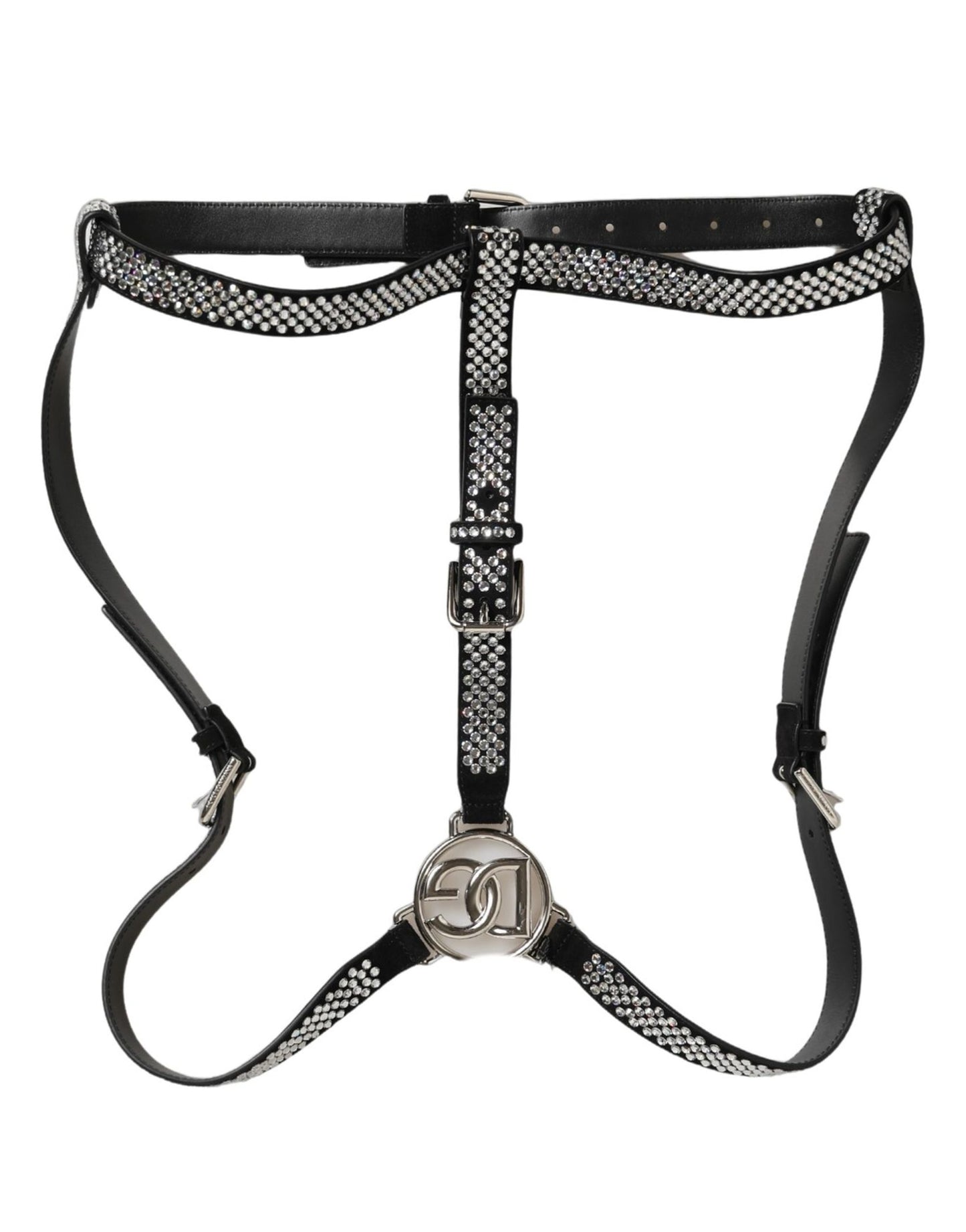 Dolce & Gabbana Black Leather Rhinestones Embellished Men Suspender