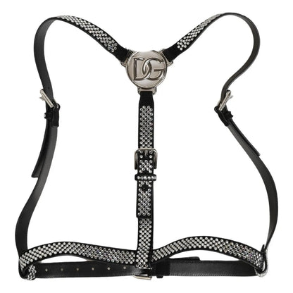 Dolce & Gabbana Black Leather Rhinestones Embellished Men Suspender