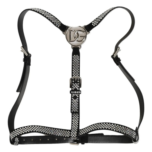 Dolce & Gabbana Black Leather Rhinestones Embellished Men Suspender