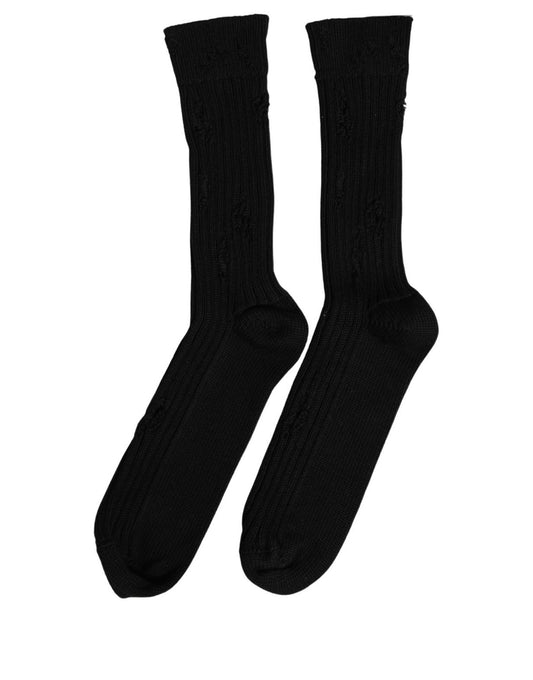 Dolce & Gabbana Men Black Cotton Distressed Mid Calf Accessory Socks
