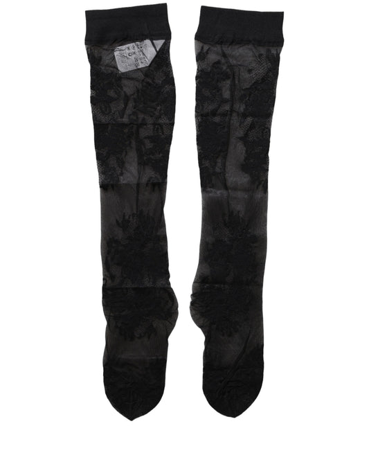 Dolce & Gabbana Black Floral Nylon Stretch Over The Calf Socks