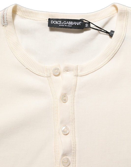 Dolce & Gabbana Off White Cotton Henley Long Sleeves T-shirt