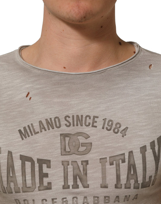Dolce & Gabbana Light Gray Graphic Print Distressed T-shirt