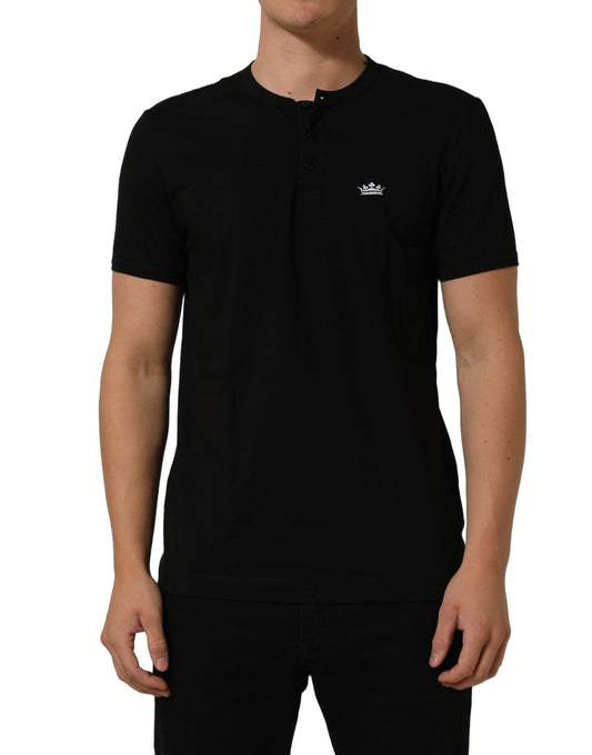 Dolce & Gabbana Black Crown Short Sleeved Henley Men T-shirt