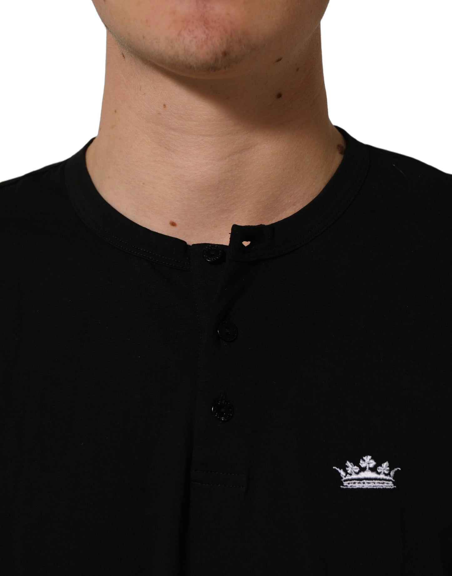 Dolce & Gabbana Black Crown Short Sleeved Henley Men T-shirt