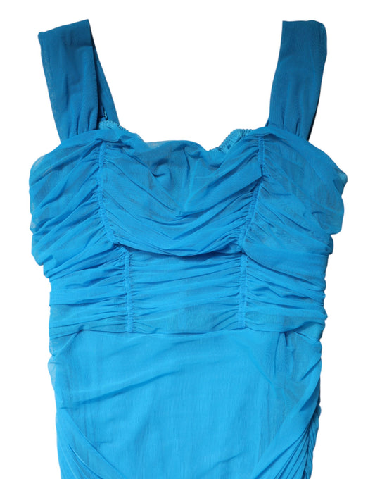 Dolce & Gabbana Blue Ruched Tulle Midi Square Neck Dress