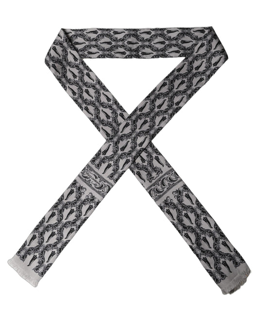 Dolce & Gabbana Gray Baroque Silk Fringed Skinny Foulard Scarf