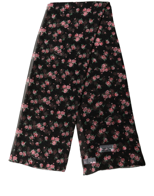 Dolce & Gabbana Black Silk Floral Chiffon Long Stole Scarf