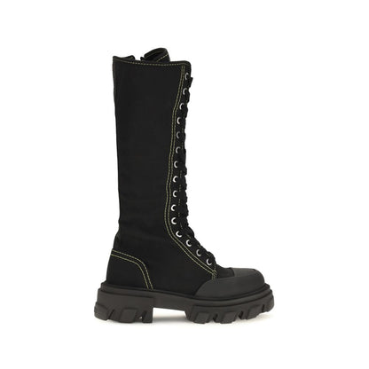 Ganni Black Cotton Lace-Up Boots