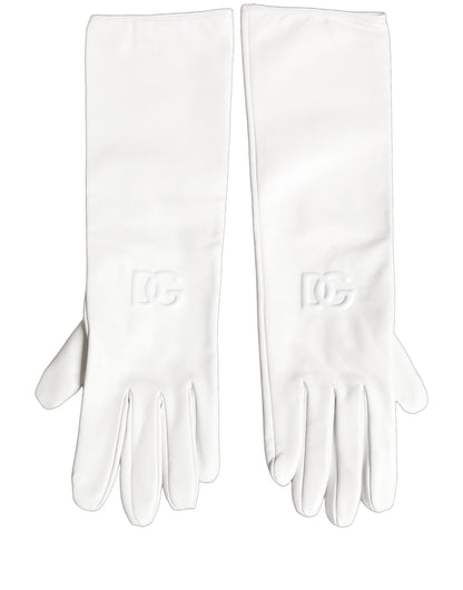 Dolce & Gabbana White Genuine Leather Embossed DG Logo Gloves