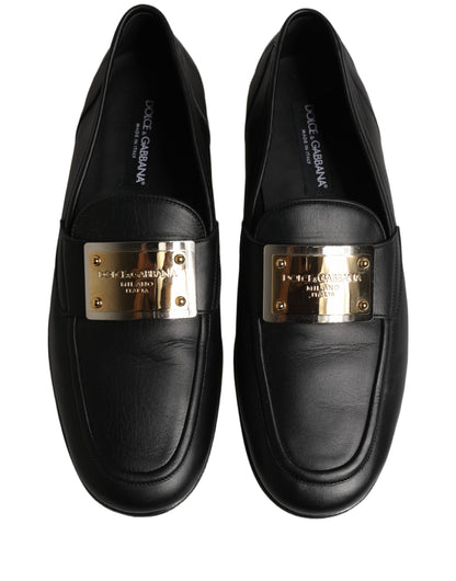 Dolce & Gabbana Black Leather Logo Plaque Loafers Men Shoes