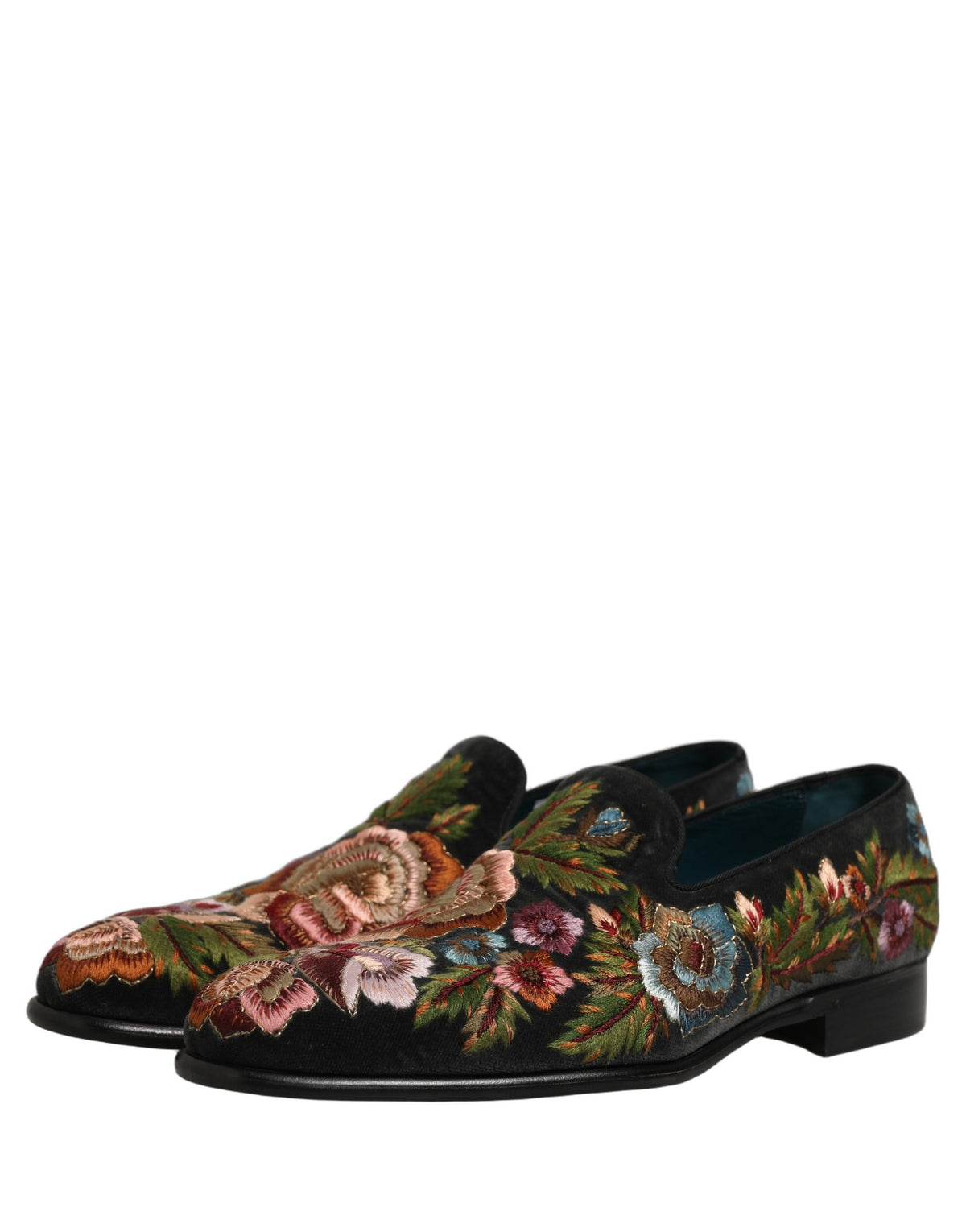 Dolce & Gabbana Black Velvet Floral Embroidery Loafers Shoes