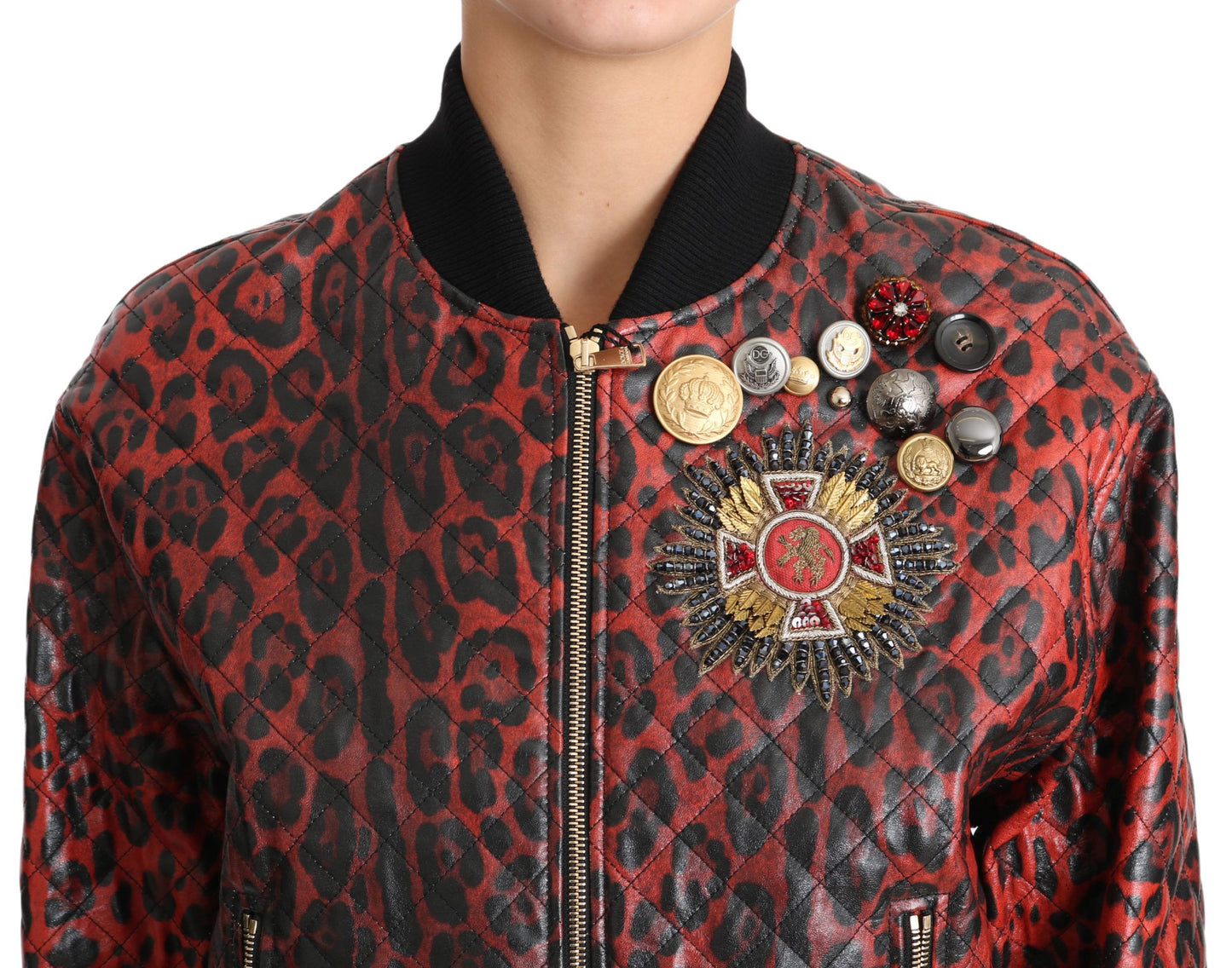 Dolce &amp; Gabbana Rote Lederjacke mit Leopardenmuster und Kristallknöpfen