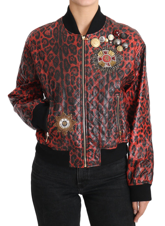 Dolce &amp; Gabbana Rote Lederjacke mit Leopardenmuster und Kristallknöpfen