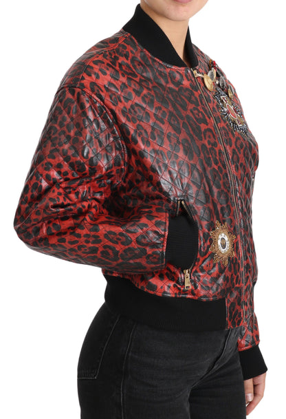Dolce &amp; Gabbana Rote Lederjacke mit Leopardenmuster und Kristallknöpfen