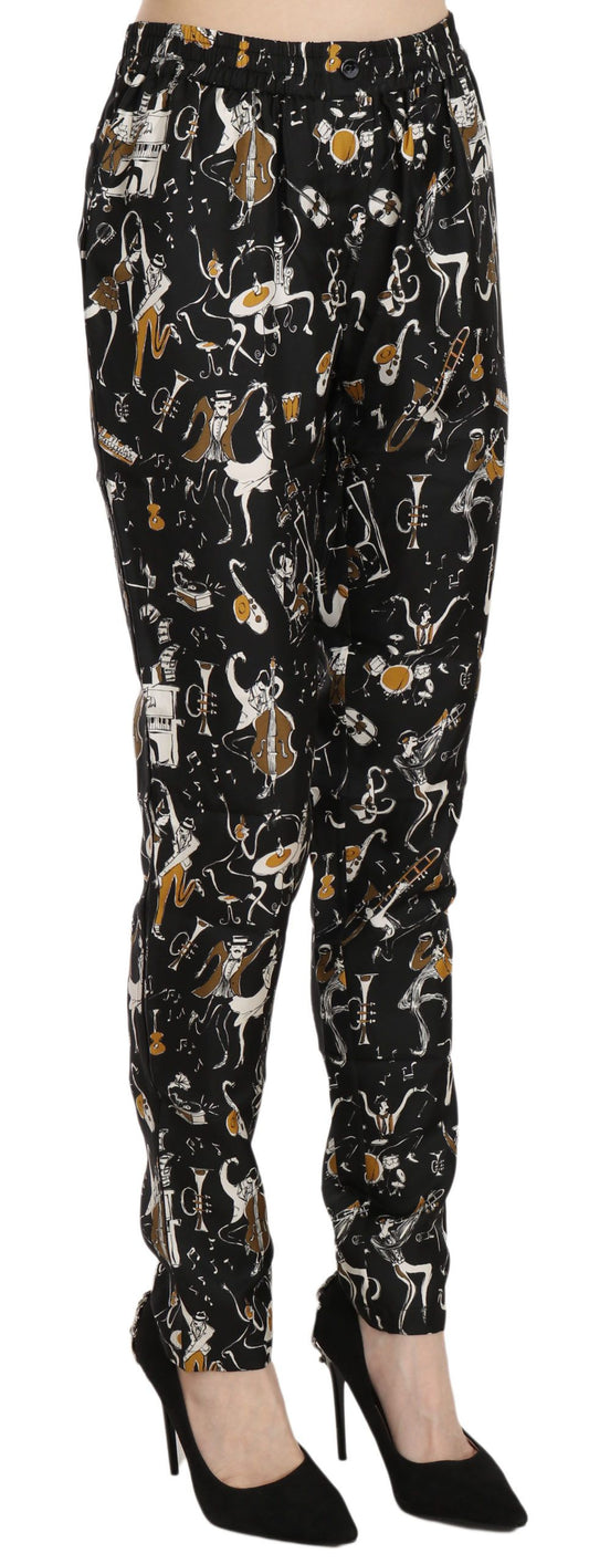 Dolce &amp; Gabbana – Schwarze, hoch taillierte Karottenhose mit Jazz-Club-Print