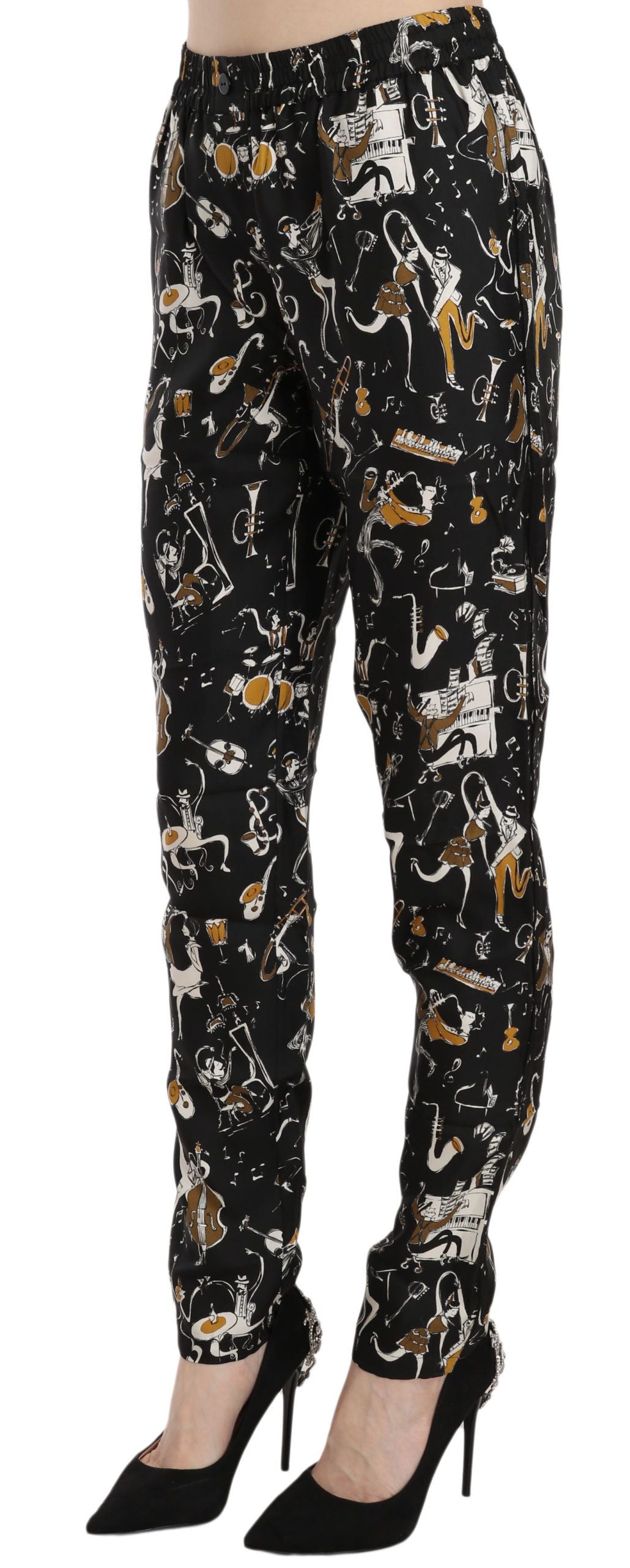 Dolce &amp; Gabbana – Schwarze, hoch taillierte Karottenhose mit Jazz-Club-Print
