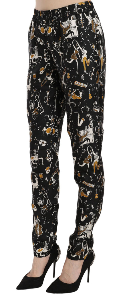 Dolce &amp; Gabbana – Schwarze, hoch taillierte Karottenhose mit Jazz-Club-Print
