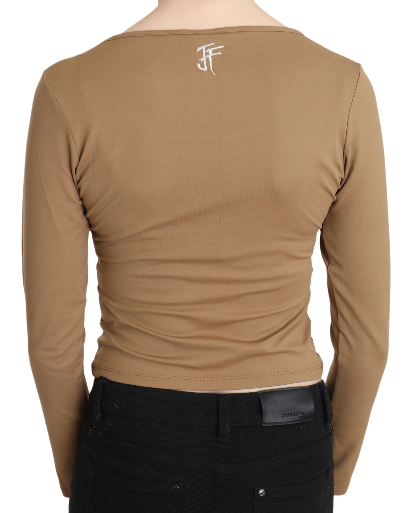 GF Ferre Brown Round Neck Long Sleeve Slim Crop Top Blouse