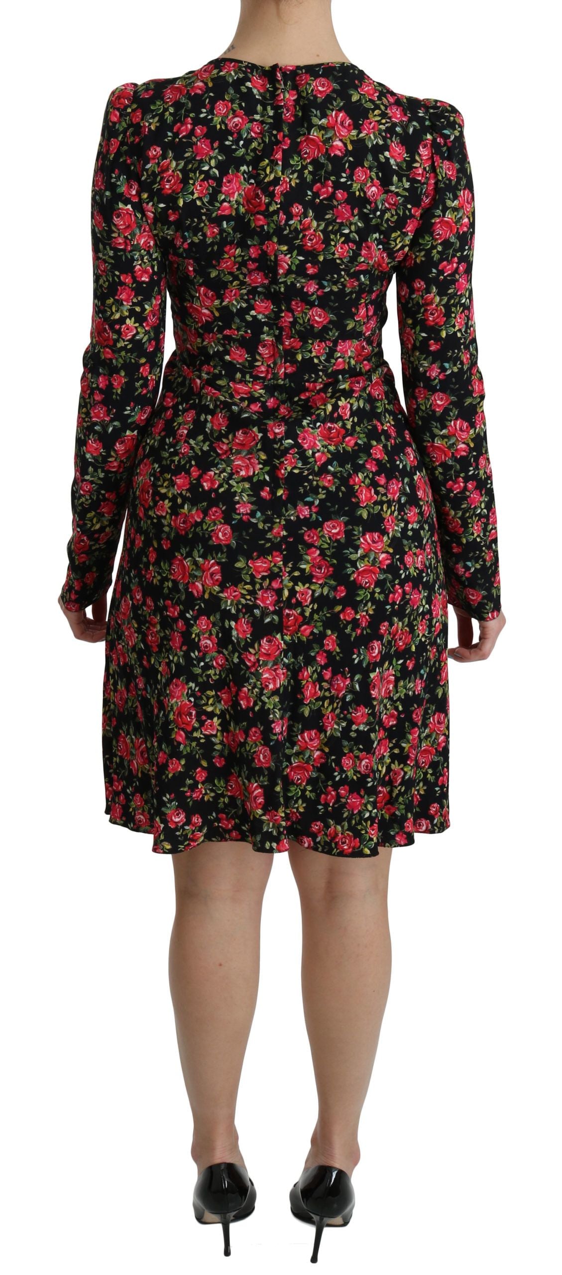 Dolce &amp; Gabbana – Schwarzes, langärmliges, knielanges Kleid mit Blumenmuster