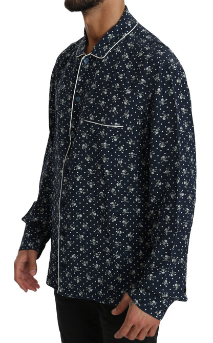 Dolce &amp; Gabbana Blaues Seidentop mit Totenkopf-Print, Nachtwäsche-Shirt