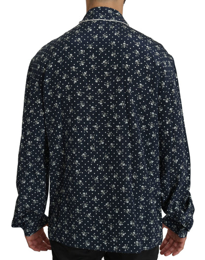 Dolce &amp; Gabbana Blaues Seidentop mit Totenkopf-Print, Nachtwäsche-Shirt
