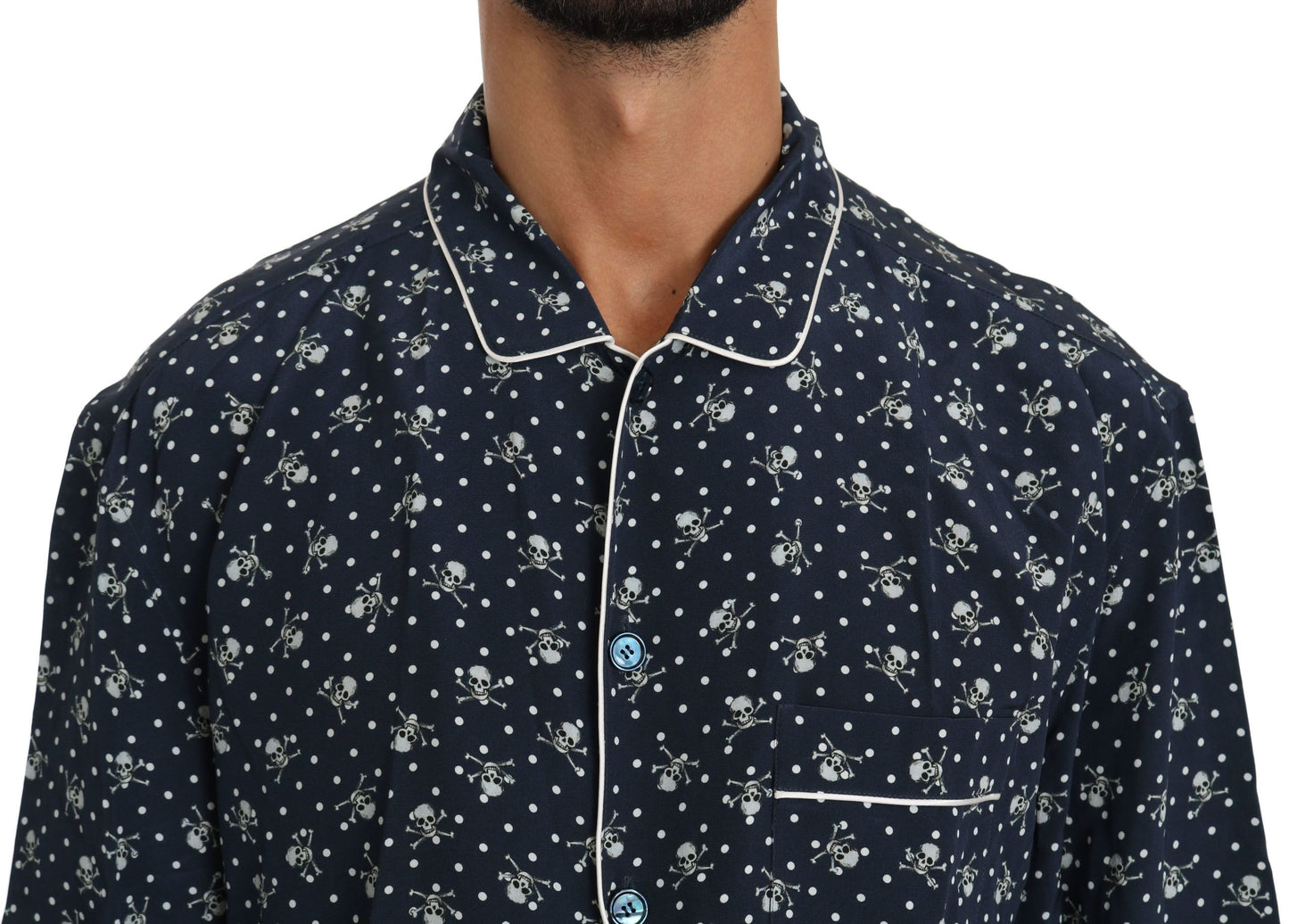 Dolce &amp; Gabbana Blaues Seidentop mit Totenkopf-Print, Nachtwäsche-Shirt