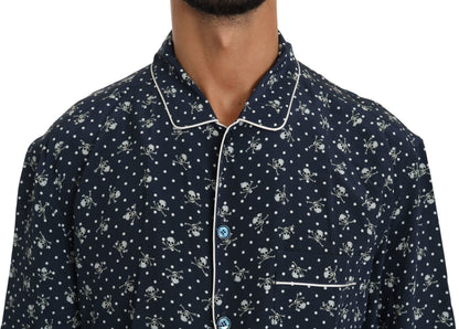 Dolce &amp; Gabbana Blaues Seidentop mit Totenkopf-Print, Nachtwäsche-Shirt