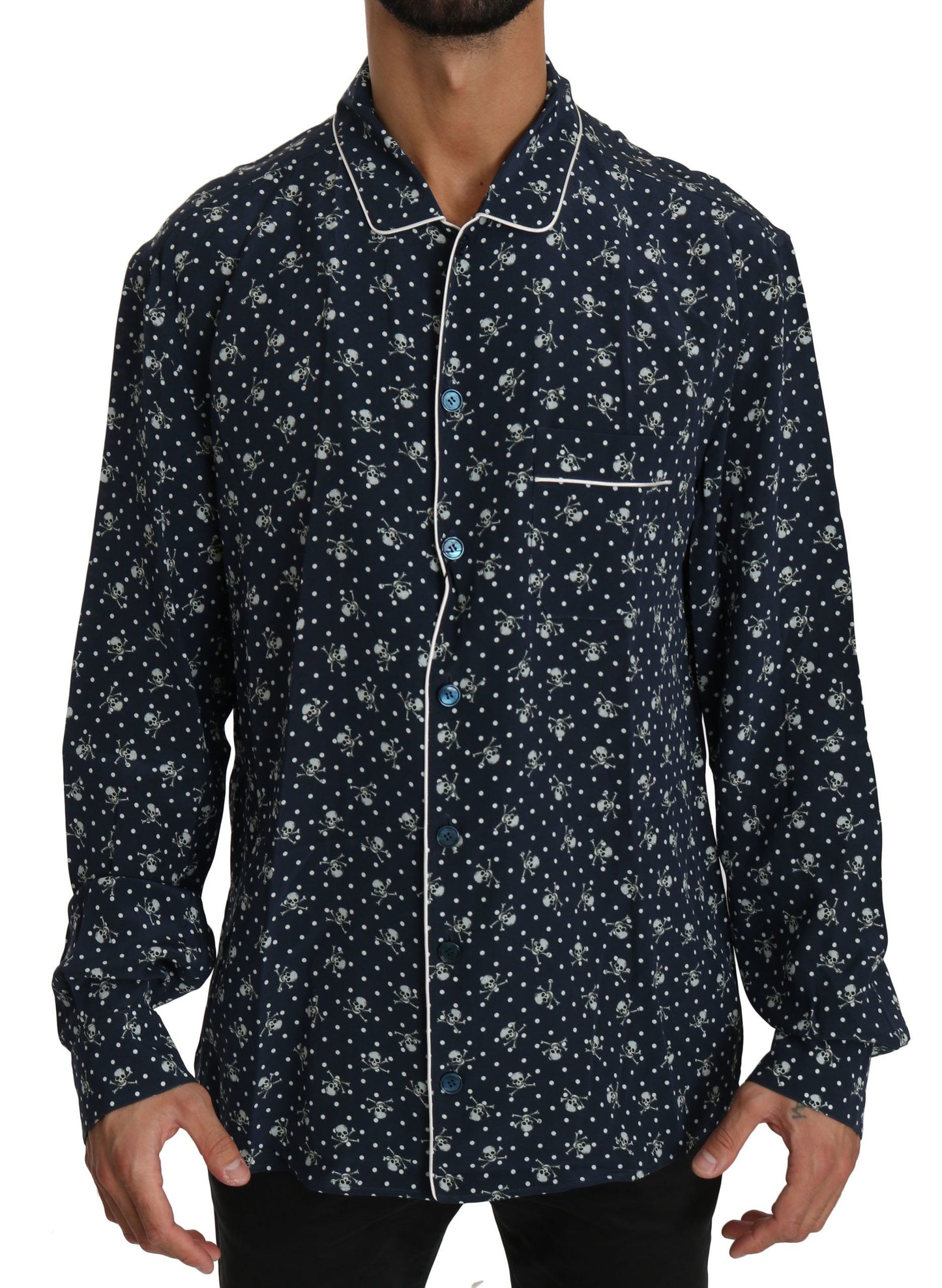 Dolce &amp; Gabbana Blaues Seidentop mit Totenkopf-Print, Nachtwäsche-Shirt
