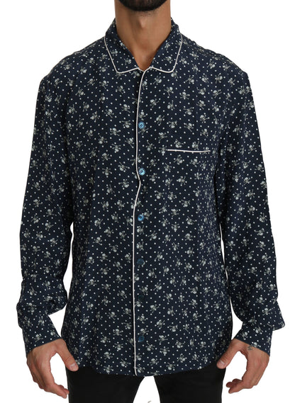 Dolce &amp; Gabbana Blaues Seidentop mit Totenkopf-Print, Nachtwäsche-Shirt