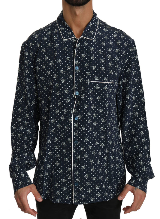 Dolce &amp; Gabbana Blaues Seidentop mit Totenkopf-Print, Nachtwäsche-Shirt