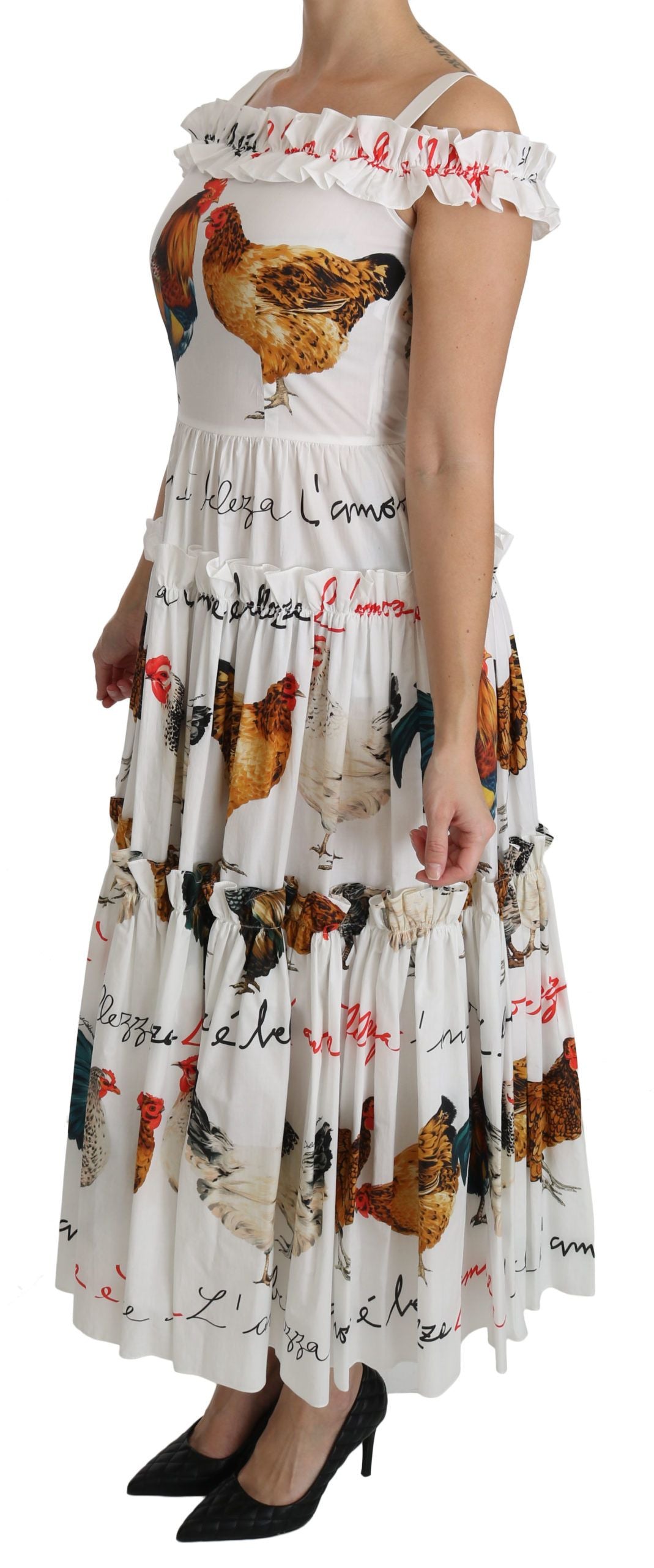 Dolce &amp; Gabbana Weißes Midi-Etuikleid aus Baumwolle mit Hahnentrittmuster