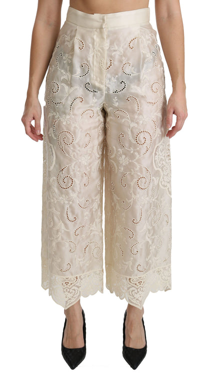 Dolce &amp; Gabbana – Cremefarbene Palazzo-Hose mit hoher Taille und Spitze