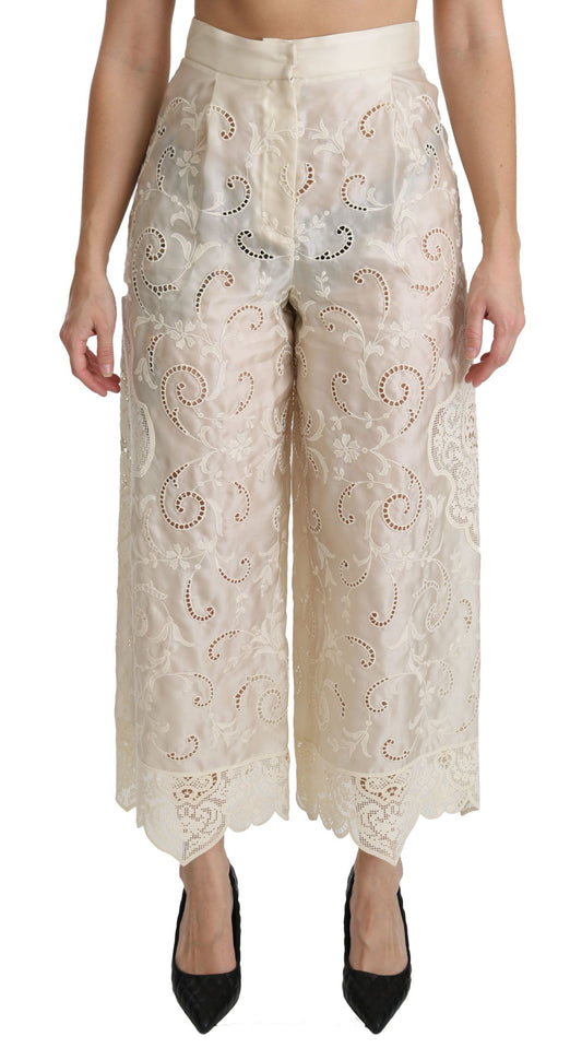 Dolce &amp; Gabbana – Cremefarbene Palazzo-Hose mit hoher Taille und Spitze