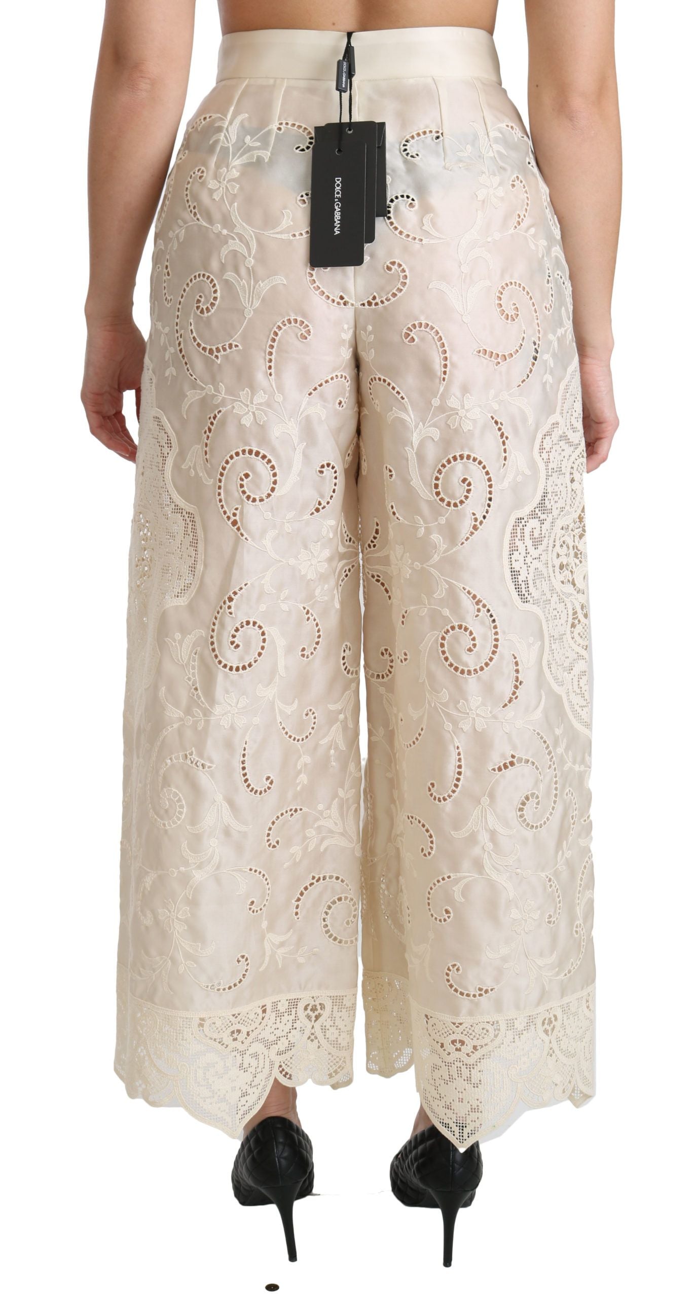 Dolce &amp; Gabbana – Cremefarbene Palazzo-Hose mit hoher Taille und Spitze