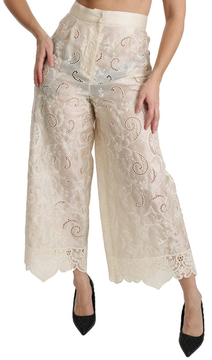 Dolce &amp; Gabbana – Cremefarbene Palazzo-Hose mit hoher Taille und Spitze