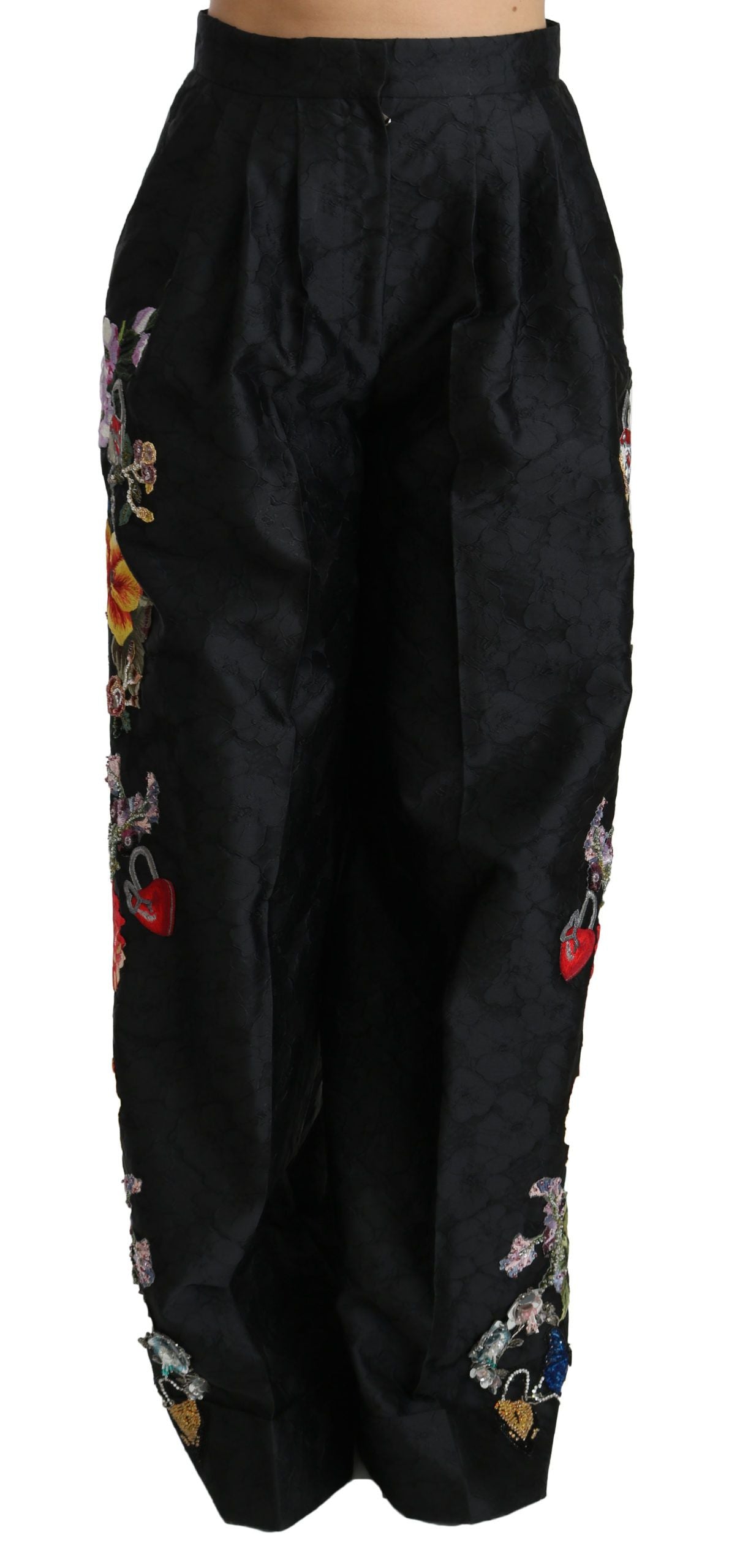 Dolce &amp; Gabbana Schwarze Brokathose mit Blumenmuster und Pailletten