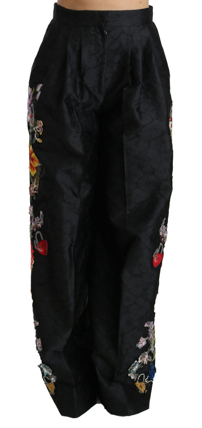 Dolce &amp; Gabbana Schwarze Brokathose mit Blumenmuster und Pailletten
