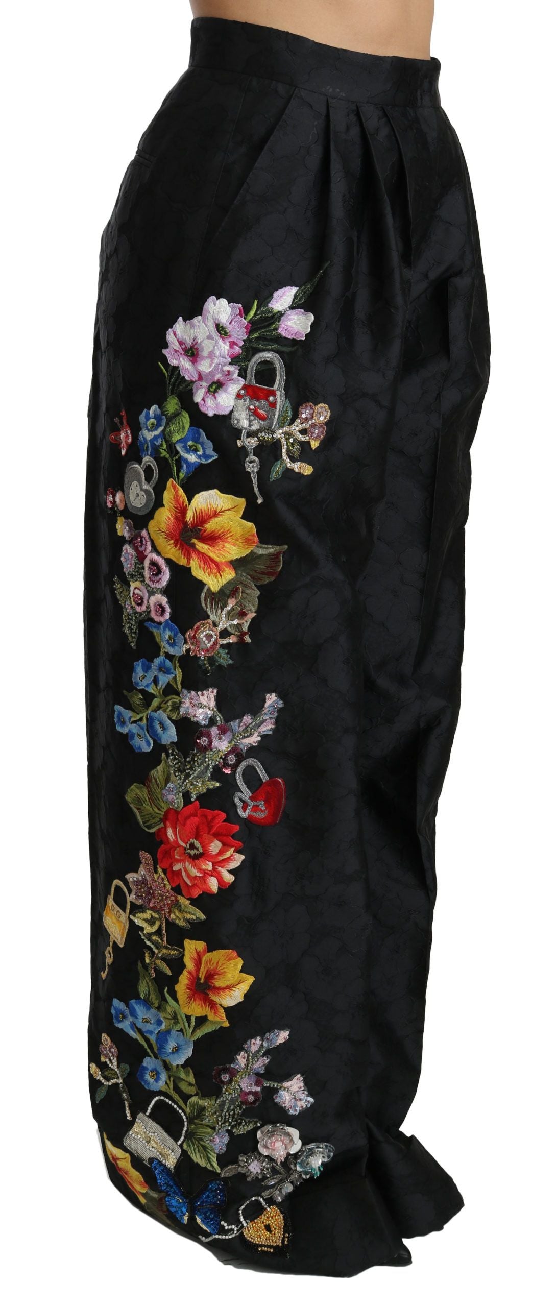 Dolce &amp; Gabbana Schwarze Brokathose mit Blumenmuster und Pailletten