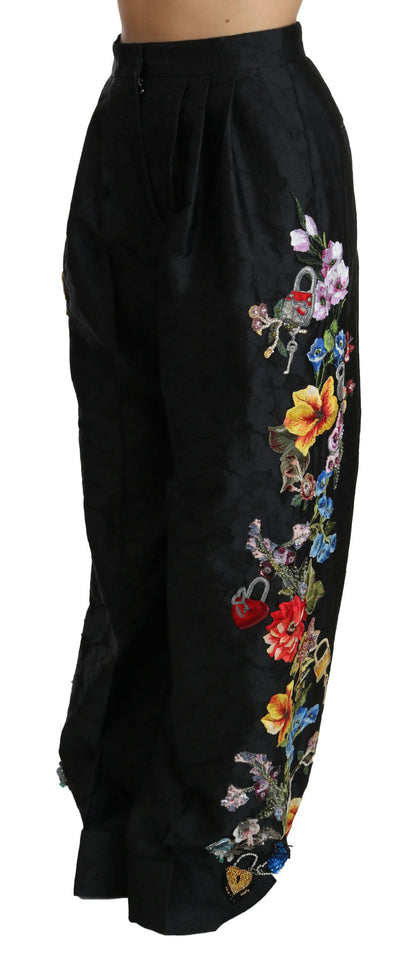 Dolce &amp; Gabbana Schwarze Brokathose mit Blumenmuster und Pailletten