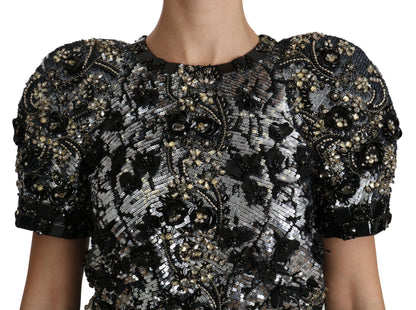 Dolce &amp; Gabbana – Schwarze Bluse mit Pailletten und Kristallverzierung