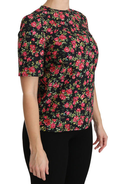 Dolce &amp; Gabbana – Schwarze Bluse mit Blumenmuster und Rosenmuster, kurzärmlig