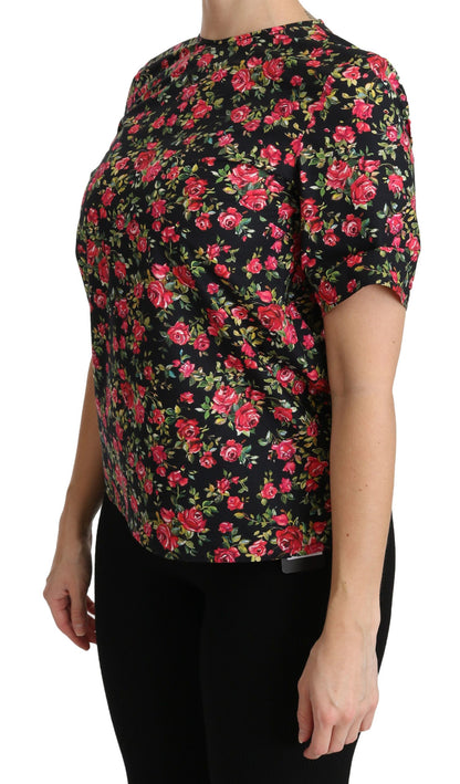 Dolce &amp; Gabbana – Schwarze Bluse mit Blumenmuster und Rosenmuster, kurzärmlig