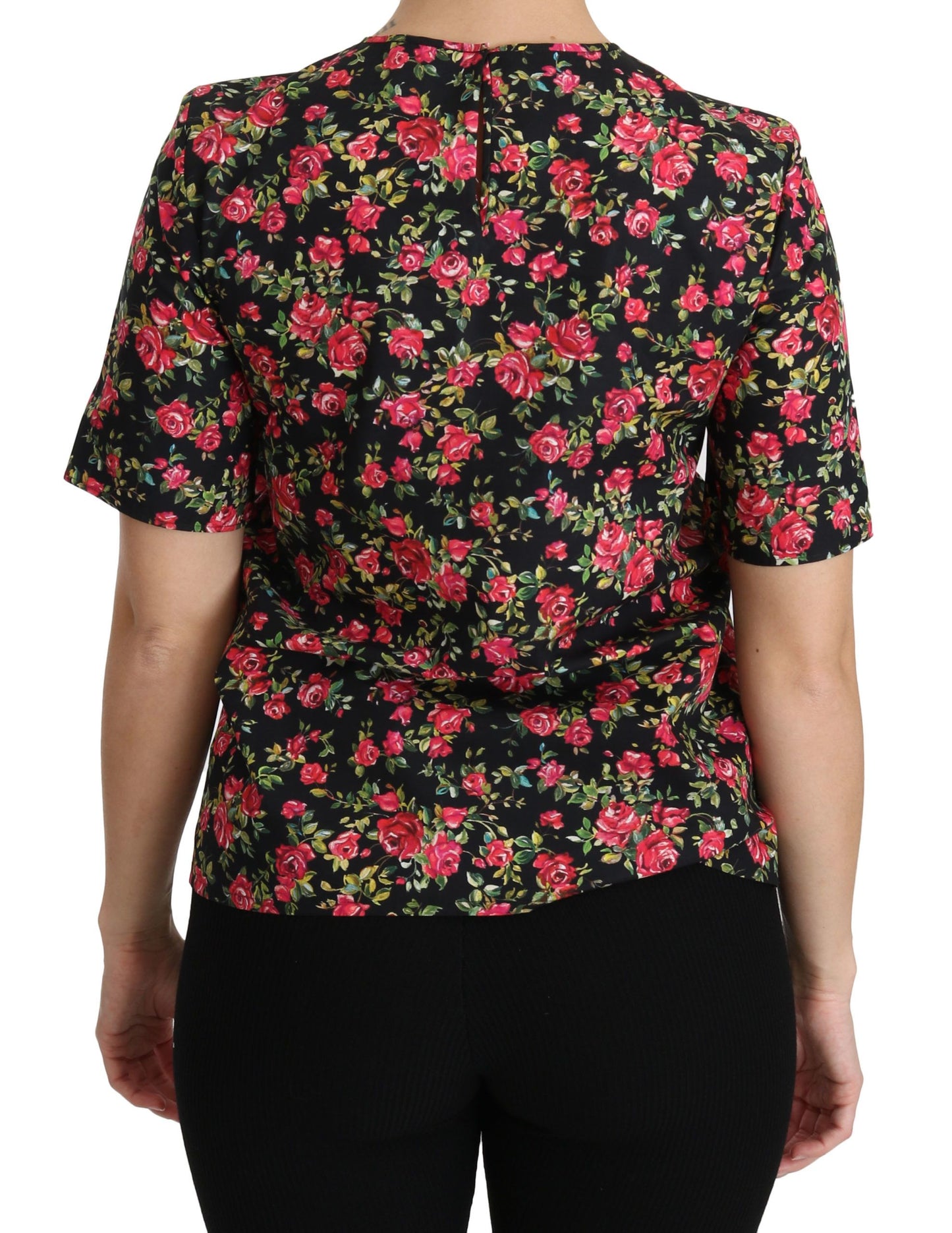 Dolce &amp; Gabbana – Schwarze Bluse mit Blumenmuster und Rosenmuster, kurzärmlig