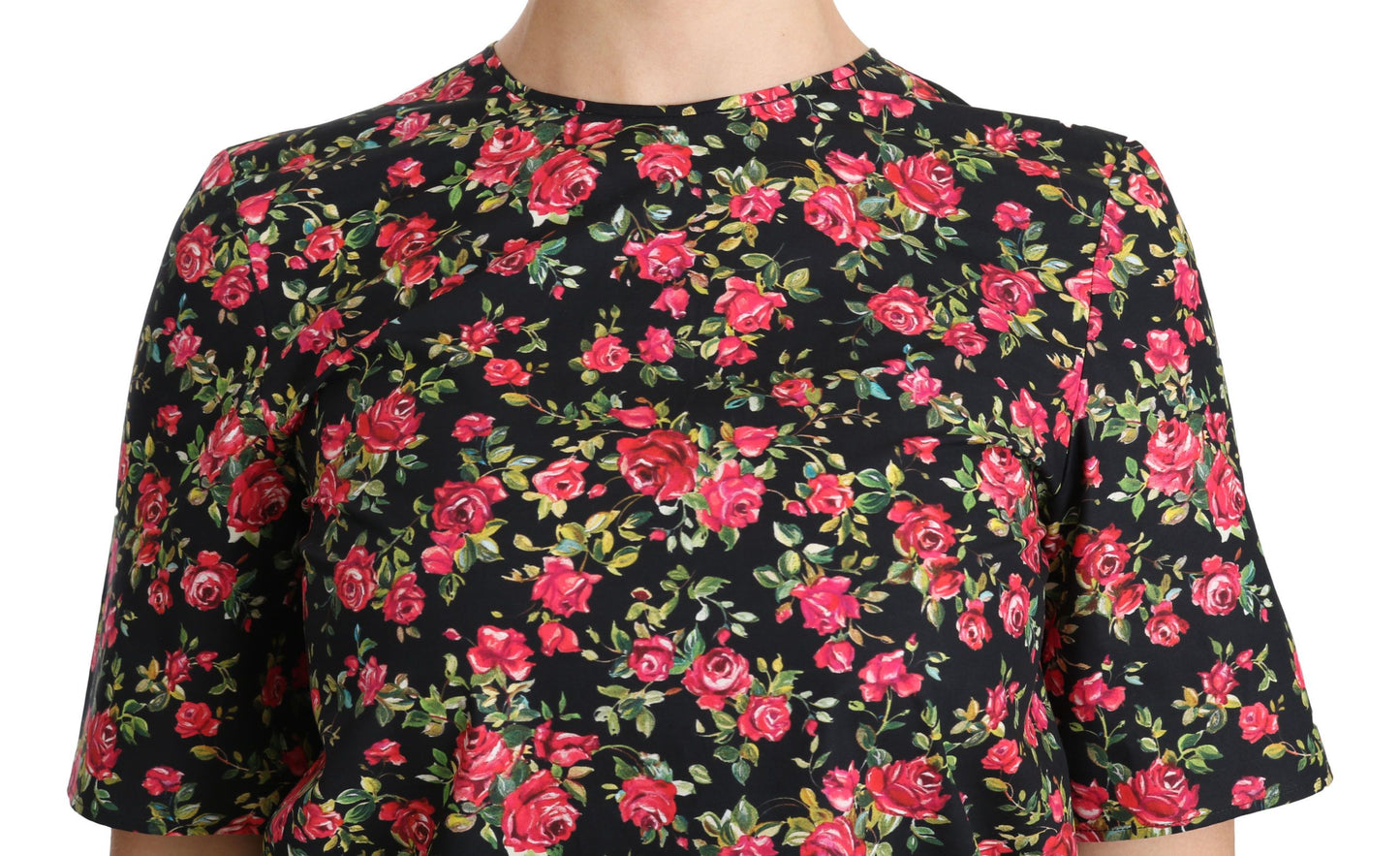 Dolce &amp; Gabbana – Schwarze Bluse mit Blumenmuster und Rosenmuster, kurzärmlig