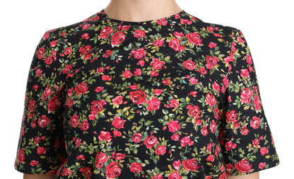 Dolce &amp; Gabbana – Schwarze Bluse mit Blumenmuster und Rosenmuster, kurzärmlig