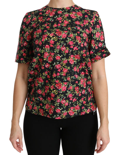 Dolce &amp; Gabbana – Schwarze Bluse mit Blumenmuster und Rosenmuster, kurzärmlig